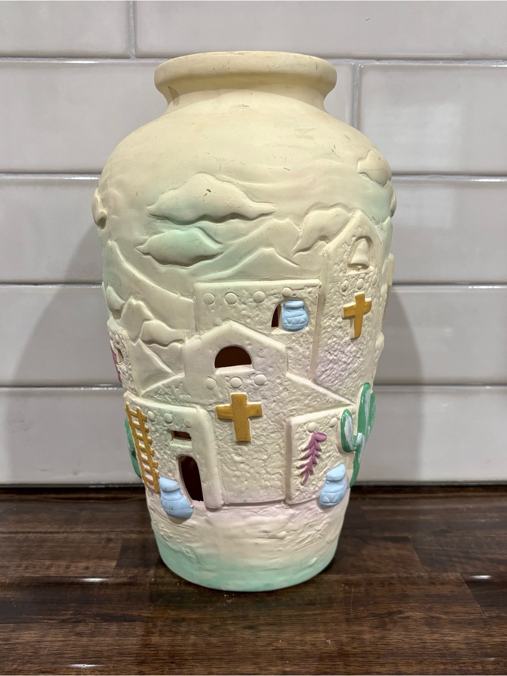 1992 Beachcombers Southwestern Cream Ceramic Vase with Pastel Accents